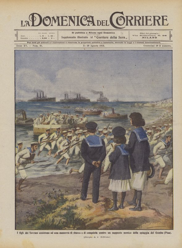 Les enfants des souverains assistent à une manœuvre de débarquement et de conquête contre un ennemi supposé - Achille Beltrame