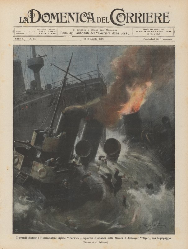 Les grandes catastrophes, le croiseur anglais Berwick éventre et coule le destroyer dans la Manche - Achille Beltrame
