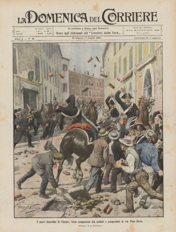 Les graves désordres de Parme, lutte sanglante entre soldats et grévistes dans la rue Nino Bixio - Achille Beltrame