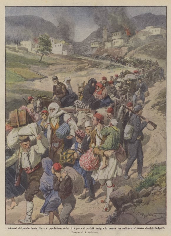 Les miracles du patriotisme, toute la population de la ville grecque de Melnik émigre en masse - Achille Beltrame