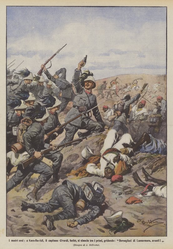 Nos héros, à Kars-Bu-Adi, le capitaine Civardi, blessé, se lance parmi les premiers, criant - Achille Beltrame