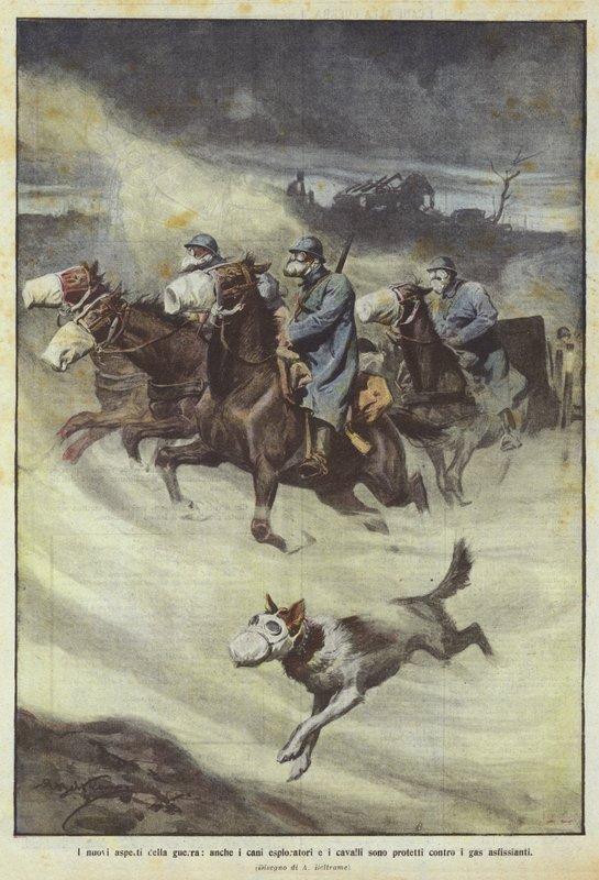 Les nouveaux aspects de la guerre, même les chiens éclaireurs et les chevaux sont protégés contre les gaz asphyxiants - Achille Beltrame