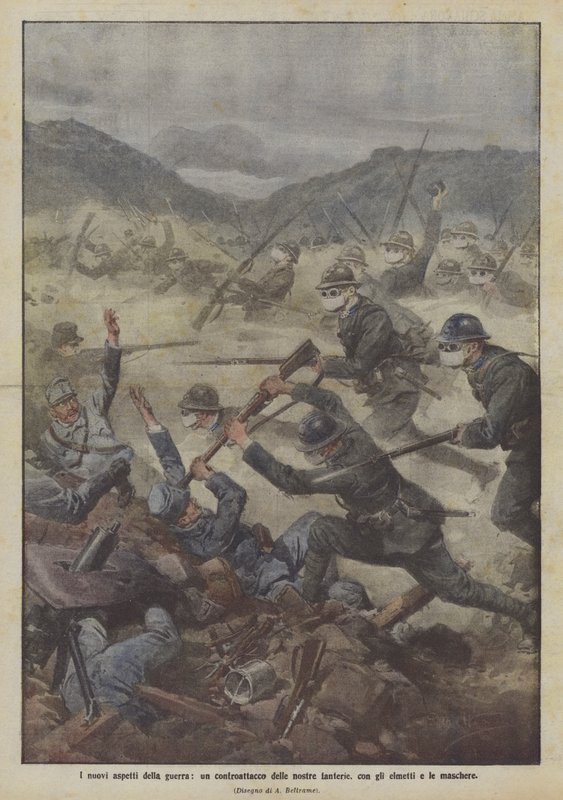 Les nouveaux aspects de la guerre, une contre-attaque de notre infanterie, avec casques et masques - Achille Beltrame