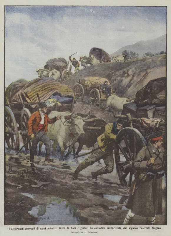 Les pittoresques convois de chariots primitifs tirés par des bœufs et guidés par des paysans militarisés - Achille Beltrame