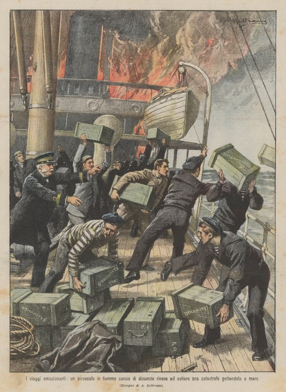 Voyages palpitants, un paquebot en flammes chargé de dynamite évite une catastrophe en la jetant à la mer - Achille Beltrame
