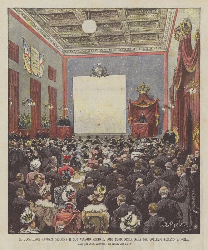 Le duc des Abruzzes décrit son voyage vers le pôle Nord, dans la salle du Collège Romain, à Rome - Achille Beltrame