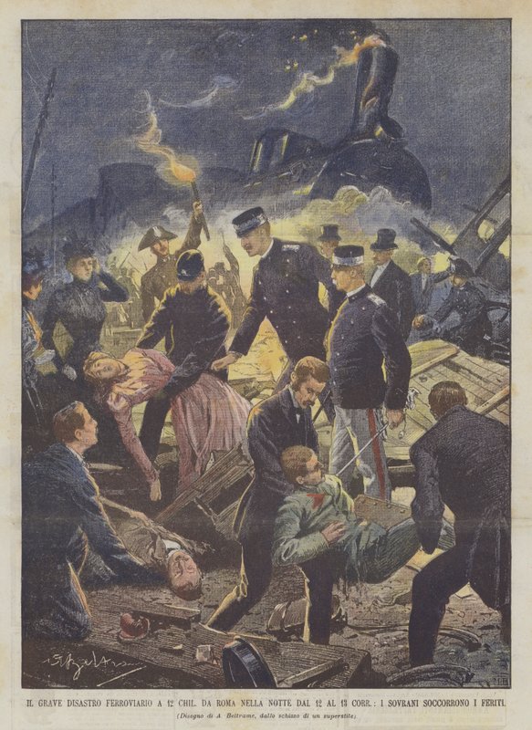 Le grave désastre ferroviaire à 12 km de Rome dans la nuit du 12 au 13 courant, les souverains secourent les blessés - Achille Beltrame