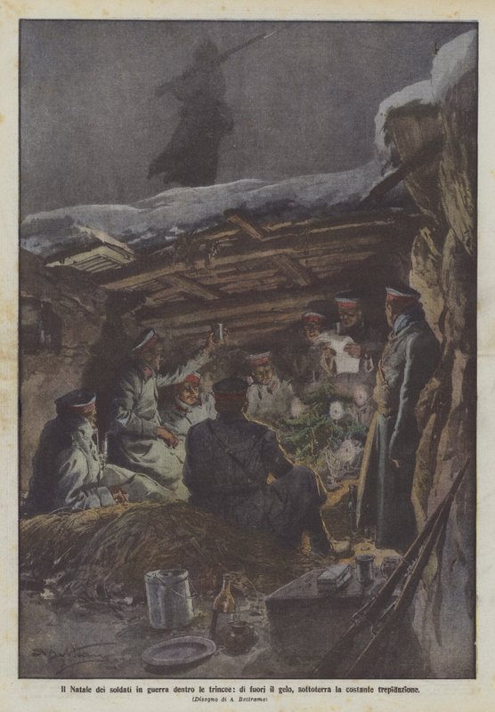 Noël des soldats en guerre dans les tranchées, dehors le gel, sous terre la constante trépidation - Achille Beltrame