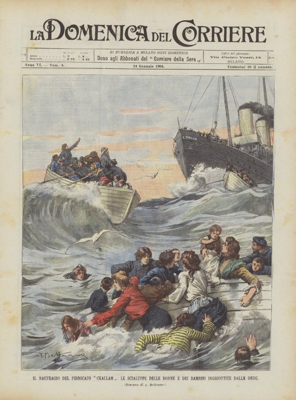 Le naufrage du vapeur Ckallam, les canots de sauvetage des femmes et des enfants engloutis par les vagues - Achille Beltrame