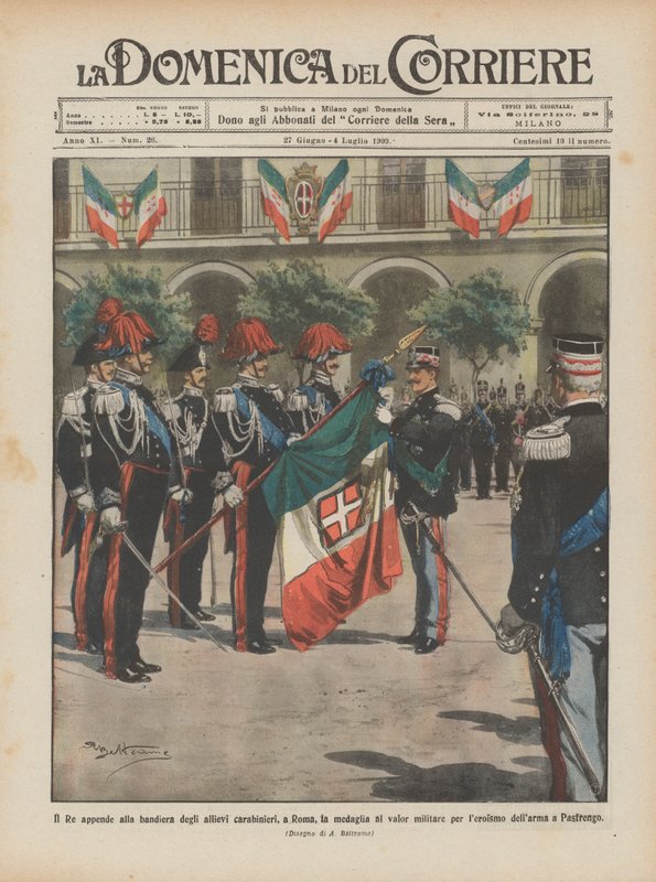 Le roi accroche à la bannière des élèves carabiniers, à Rome, la médaille de la valeur militaire - Achille Beltrame