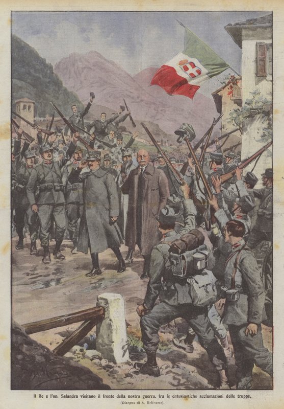 Le Roi et Salandra visitent le front de notre guerre, parmi les acclamations enthousiastes des troupes - Achille Beltrame