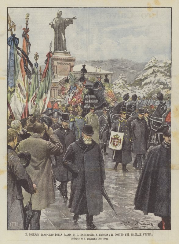 Le transport solennel de la dépouille de G. Zanardelli à Brescia, le cortège sur la place Venezia - Achille Beltrame
