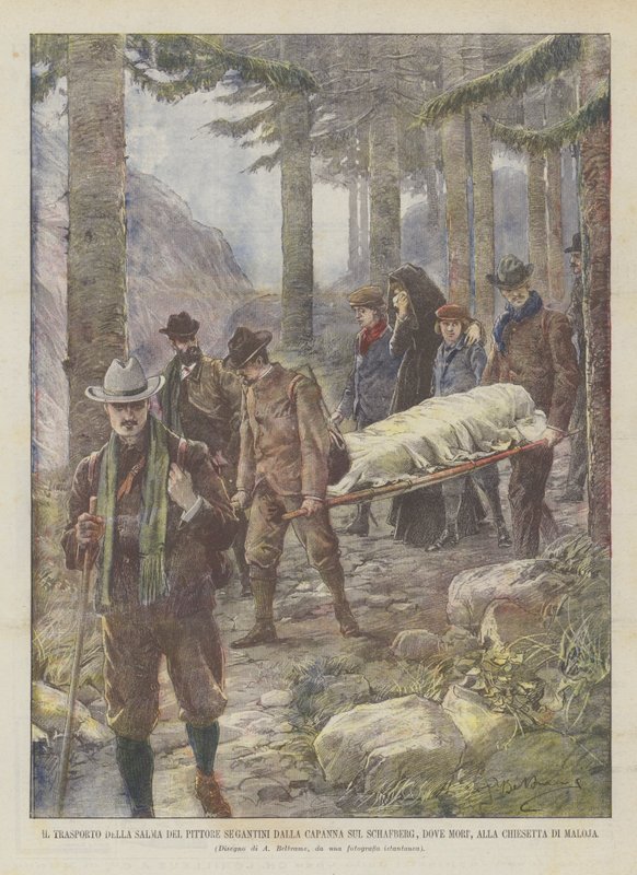 Le transport de la dépouille du peintre Segantini de la cabane sur le Schafberg, où il est mort, à la chapelle de Maloja - Achille Beltrame