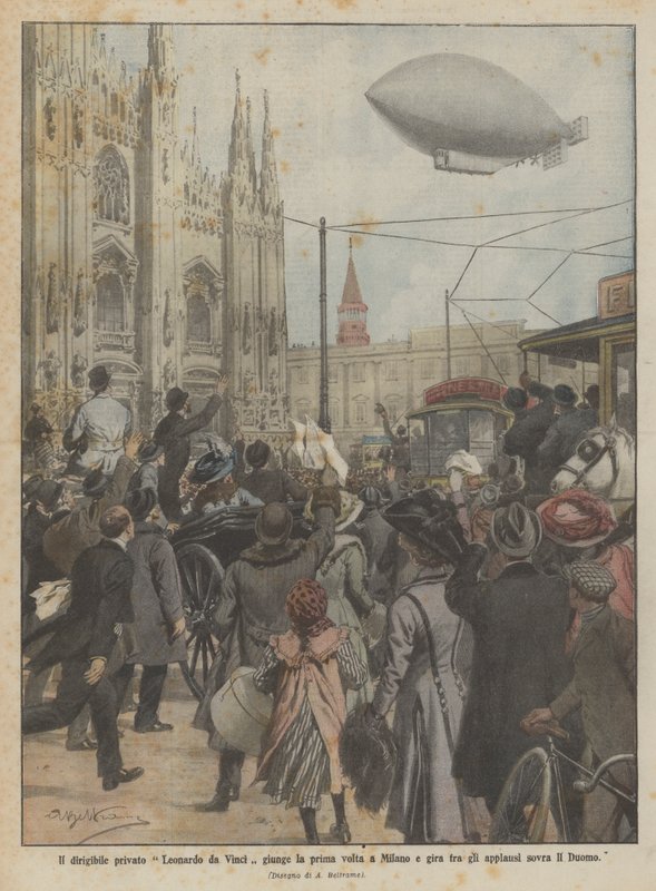 Le dirigeable privé Leonardo da Vinci arrive pour la première fois à Milan et survole le Duomo sous les applaudissements - Achille Beltrame