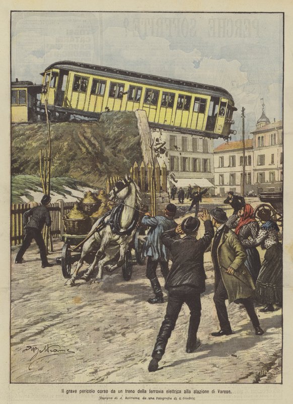 Le grave danger couru par un train de la voie ferrée électrique à la gare de Varèse - Achille Beltrame