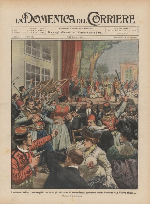 Le moment politique, des Monténégrins qui protestent dans un petit théâtre de Constantinople - Achille Beltrame