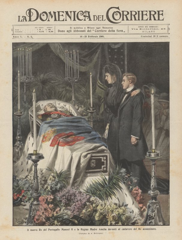 Le nouveau roi du Portugal Manuel II et la reine mère Amélie devant le cadavre du roi assassiné - Achille Beltrame