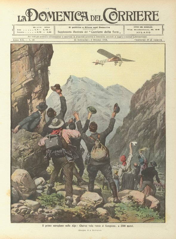 Le premier avion sur les Alpes, Chavez vole vers le Simplon, à 2500 mètres - Achille Beltrame