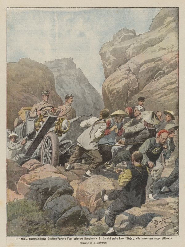 Le raid automobile Pékin-Paris, le prince Borghèse et L. Barzini dans leur Itala - Achille Beltrame