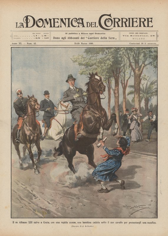Le roi Alphonse XIII sauve à Ceuta, par un mouvement rapide, une petite fille tombée sous son cheval - Achille Beltrame
