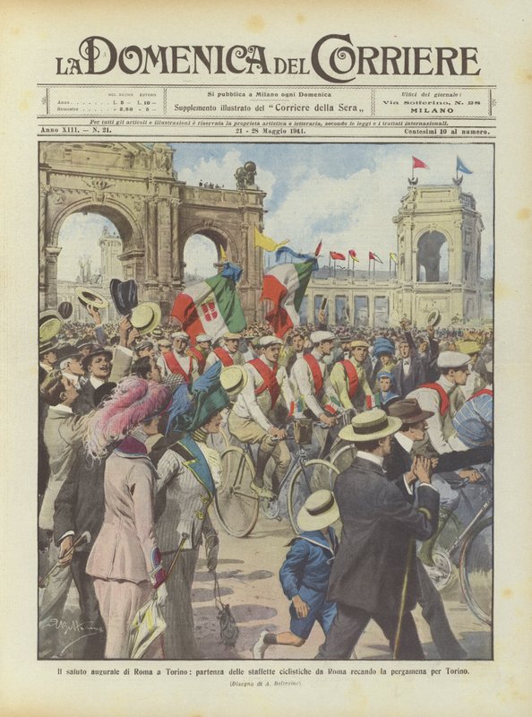 Le salut de Rome à Turin, départ des relais cyclistes de Rome portant le parchemin pour Turin - Achille Beltrame