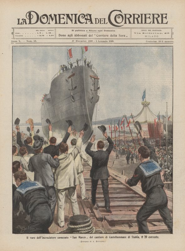 Le lancement du croiseur cuirassé San Marco du chantier de Castellammare di Stabia, le 20 courant - Achille Beltrame