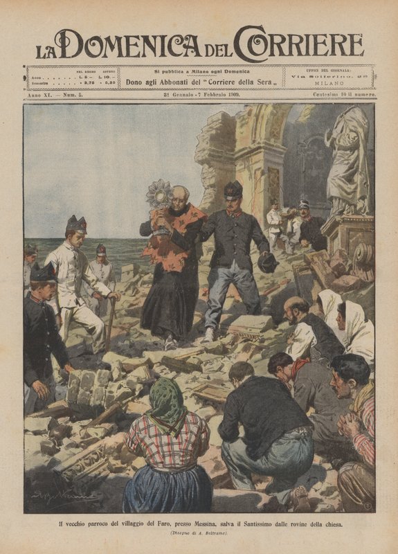 Le vieux curé du village de Faro, près de Messine, sauve le Saint-Sacrement des ruines de l