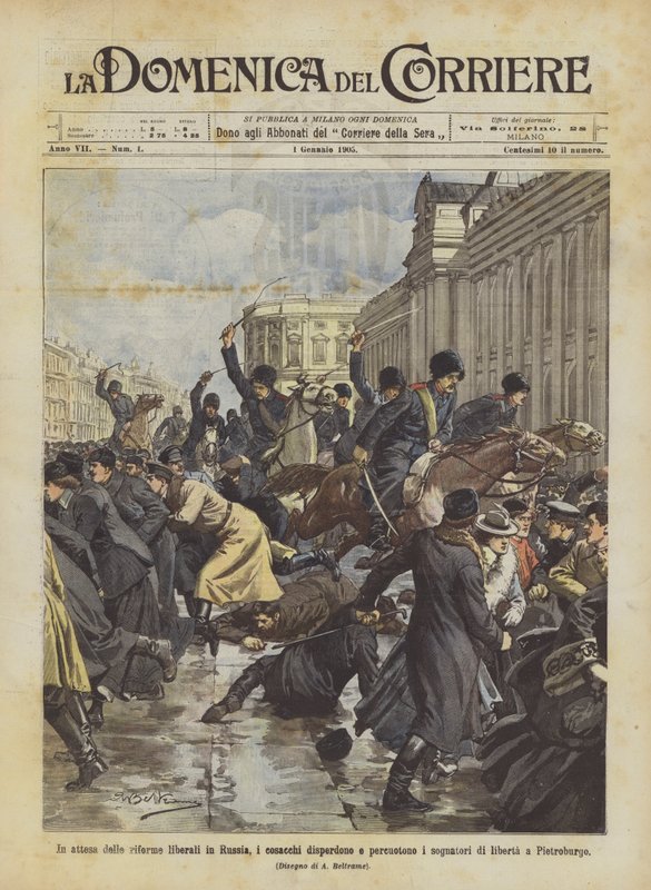 En attente des réformes libérales en Russie, les cosaques dispersent et battent les rêveurs de liberté à Saint-Pétersbourg - Achille Beltrame