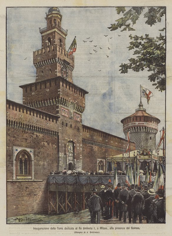 Inauguration de la Tour dédiée au Roi Umberto I, à Milan, en présence des Souverains - Achille Beltrame