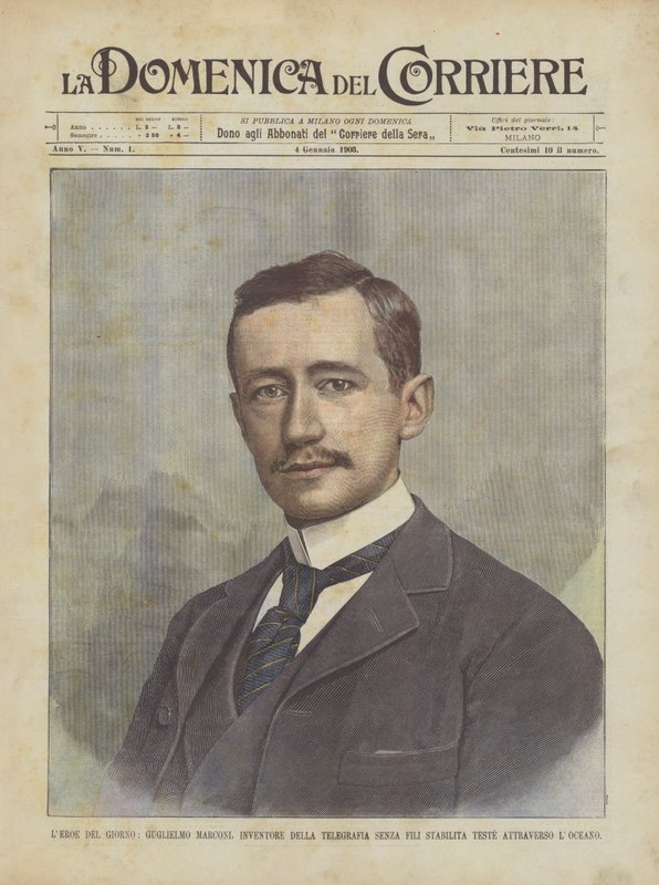 Le héros du jour, Guglielmo Marconi, inventeur de la télégraphie sans fil établie récemment à travers l