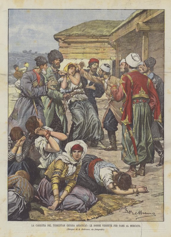 La famine au Turkestan (Russie asiatique), les femmes vendues par faim au marché - Achille Beltrame