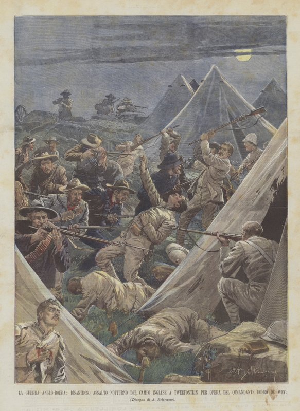 La guerre anglo-boer, désastreuse attaque nocturne du camp anglais à Tweefontein - Achille Beltrame