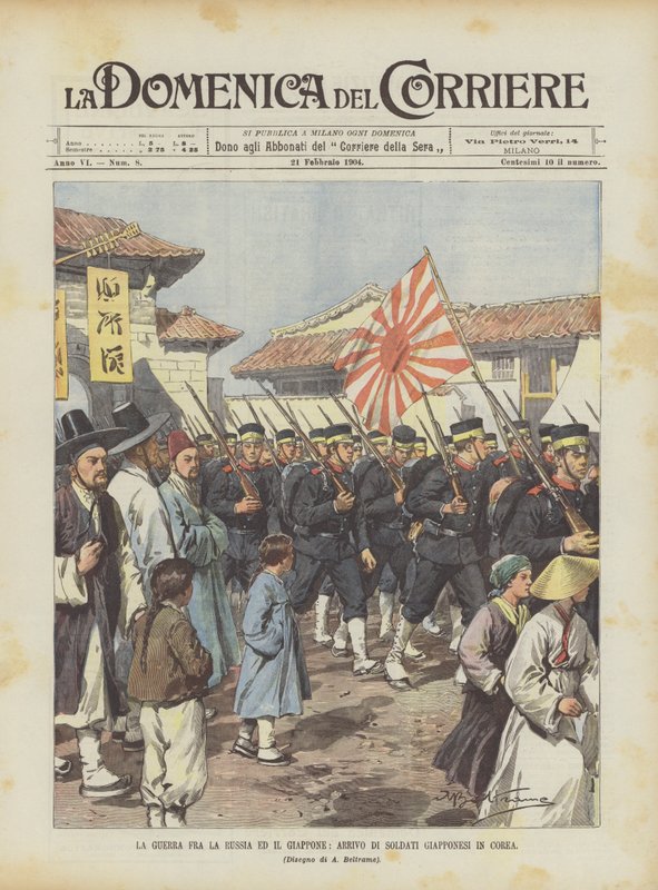 La guerre entre la Russie et le Japon, arrivée de soldats japonais en Corée - Achille Beltrame