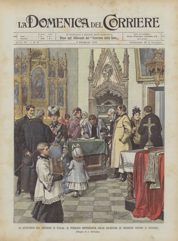 La question du divorce en Italie, le public signe des pétitions contre le divorce dans les sacristies - Achille Beltrame