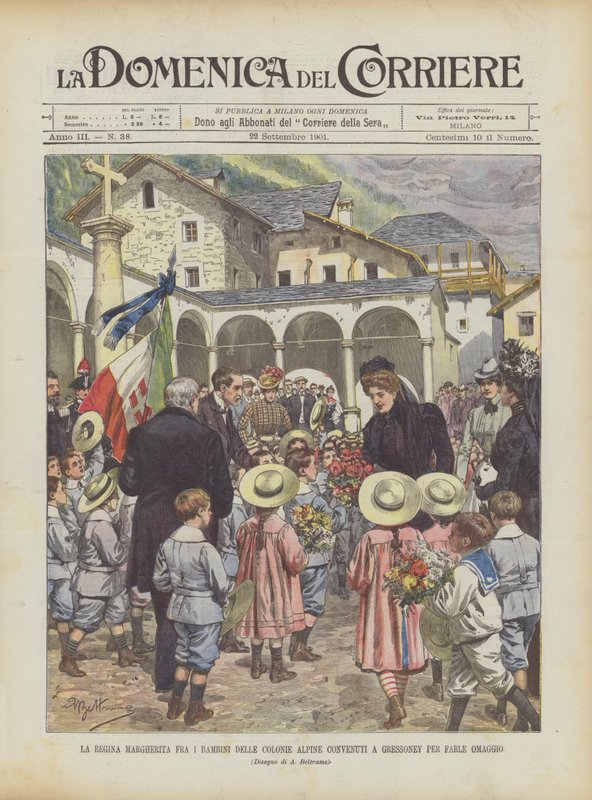 La reine Marguerite parmi les enfants des colonies alpines réunis à Gressoney pour lui rendre hommage - Achille Beltrame