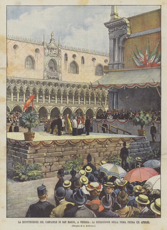 La reconstruction du campanile de Saint-Marc, à Venise, la bénédiction de la première pierre (25 avril) - Achille Beltrame