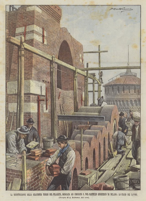 La reconstruction de la grandiose tour du Filarete, dédiée à Umberto I, dans le château Sforzesco - Achille Beltrame