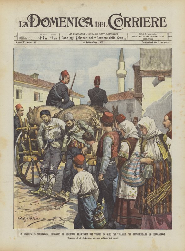 La révolte en Macédoine, cadavres de révoltés traînés par les Turcs dans les villages pour ? - Achille Beltrame