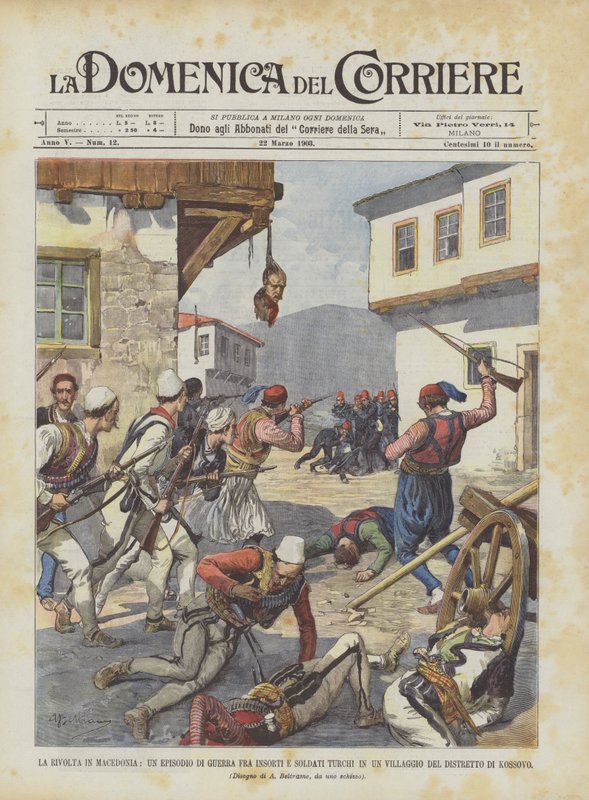 La révolte en Macédoine, un épisode de guerre entre insurgés et soldats turcs dans un village - Achille Beltrame