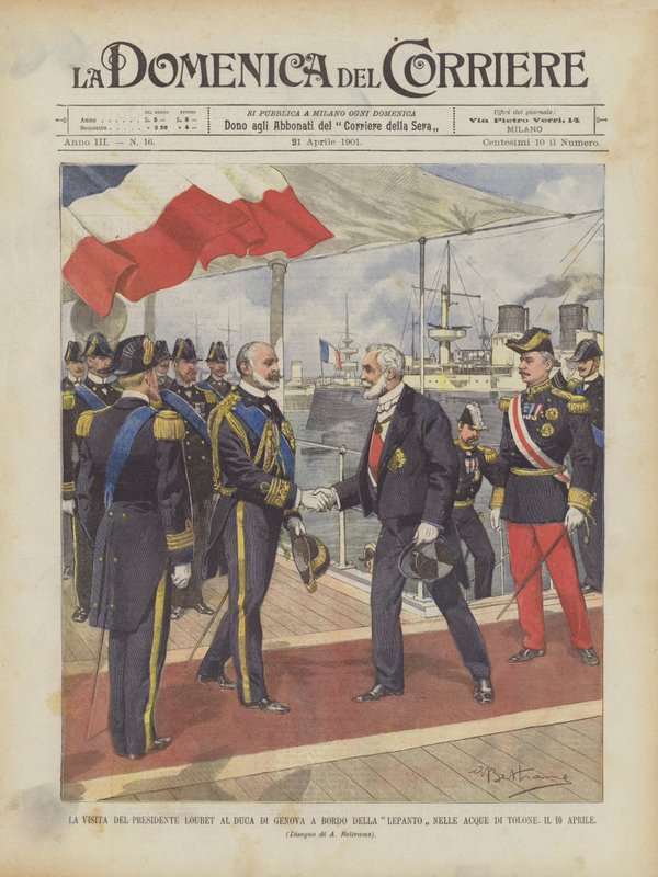 La visite du président Loubet au duc de Gênes à bord du Lepanto dans les eaux de Toulon, le 10 avril - Achille Beltrame