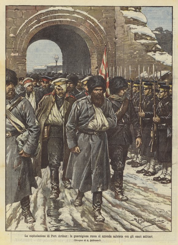 La capitulation de Port-Arthur, la garnison russe se rend saluée avec les honneurs militaires - Achille Beltrame