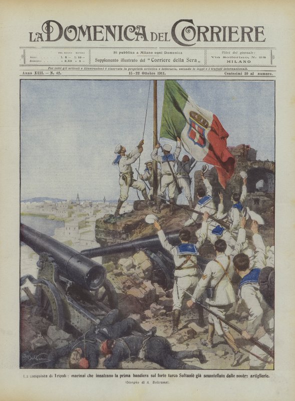 La conquête de Tripoli, marins levant le premier drapeau sur le fort turc Sultanie déjà conquis - Achille Beltrame