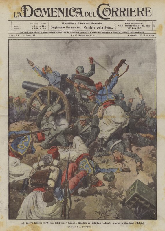 Guerre féroce, lutte furieuse entre Turcos français et artilleurs allemands autour de Charleroi (Belgique) - Achille Beltrame