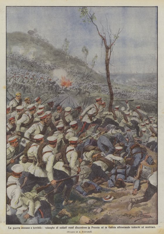 Guerre immense et terrible, avalanches de soldats russes descendant en Prusse et en Galicie - Achille Beltrame