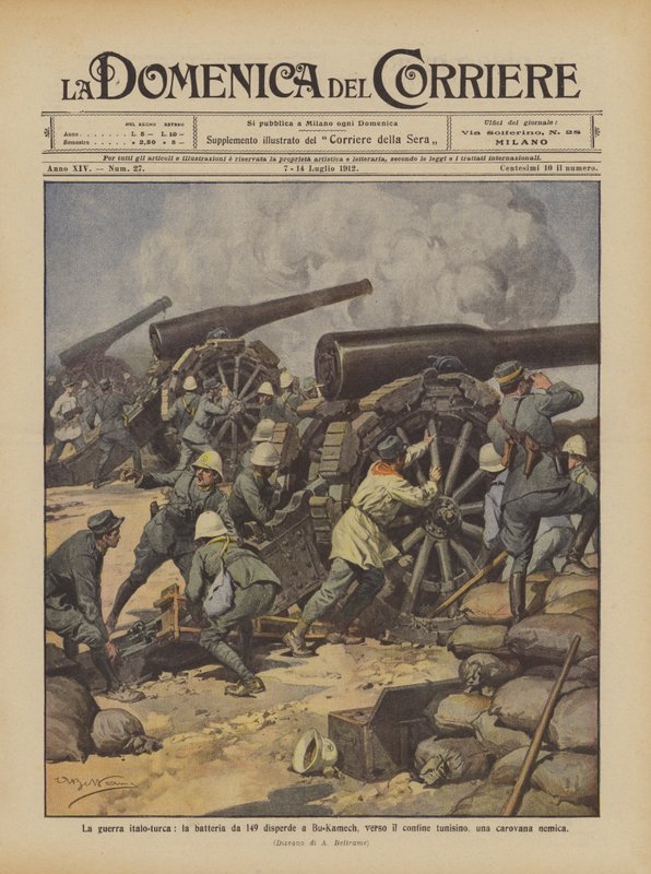 La guerre italo-turque, la batterie de 149 disperse à Bu-Kamech, vers la frontière tunisienne, une caravane ennemie - Achille Beltrame