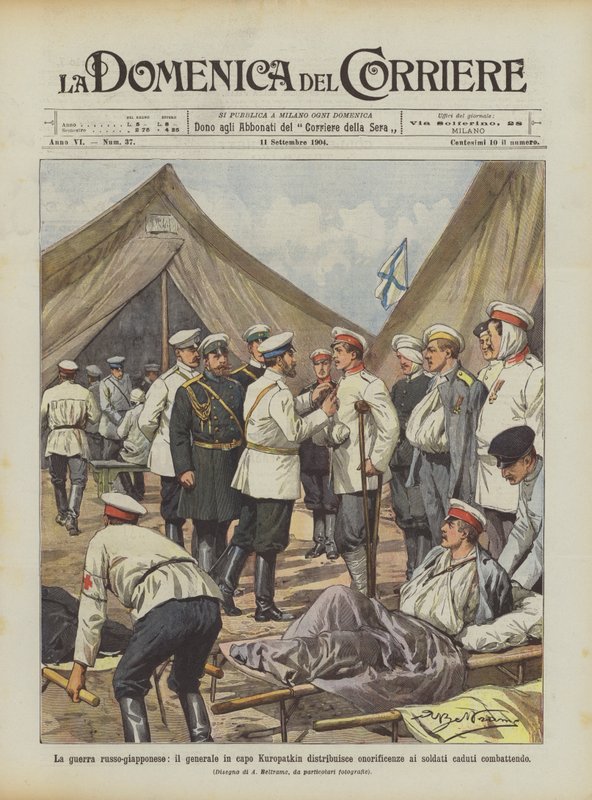 La guerre russo-japonaise, le général en chef Kuropatkin distribue des distinctions aux soldats tombés au combat - Achille Beltrame