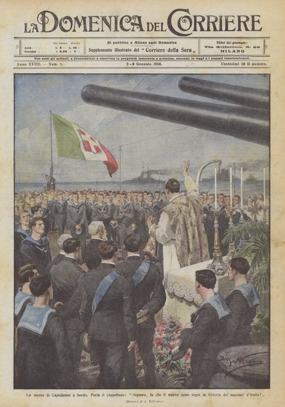 La messe du Nouvel An à bord, le chapelain parle, Seigneur, fais que la nouvelle année marque - Achille Beltrame