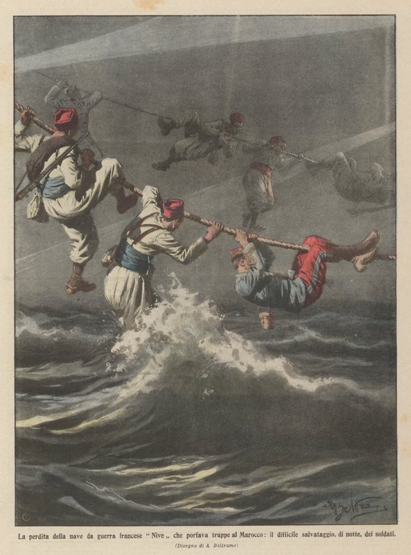 La perte du navire de guerre français Nive transportant des troupes au Maroc - Achille Beltrame