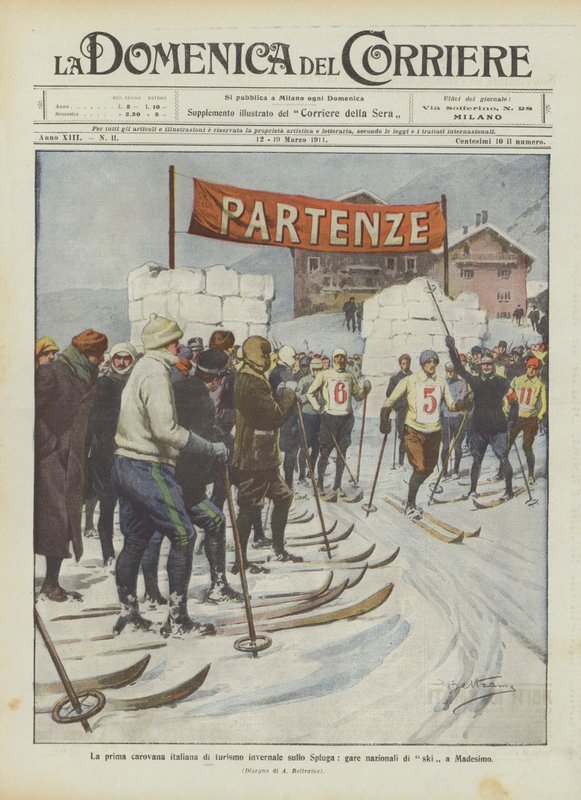 La première caravane italienne de tourisme hivernal sur le Spluga, compétitions nationales de ski à Madesimo - Achille Beltrame