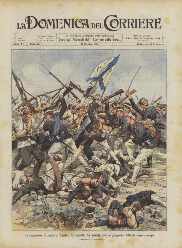 La sanglante bataille de Yen-tai, un épisode entre soldats russes et japonais luttant corps à corps - Achille Beltrame